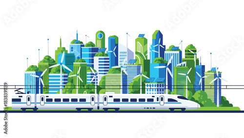 Modern flat illustration of a high-speed bullet train passing through a smart eco city. Great for travel, railway systems, future transport, and fast mobility concepts