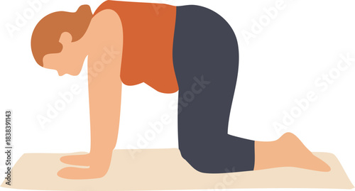 A pregnant woman is on her hands and knees on a mat, gently curving her back in a cat-pose style prenatal stretch.