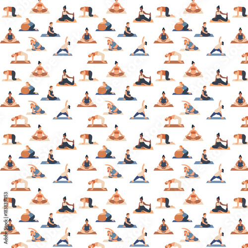A seamless repeating pattern shows pregnant women doing various prenatal yoga poses on mats, including stretching, meditation, and exercise-ball routines.
