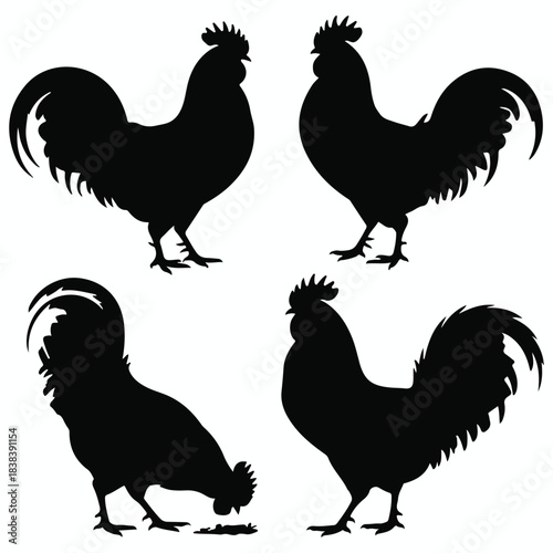 Four rooster silhouettes in different poses