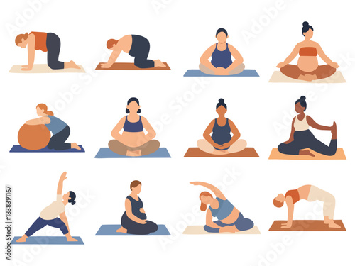 A collection of illustrated pregnant women practice different prenatal yoga poses on mats, including stretching, meditation, balance, and exercise-ball routines.
