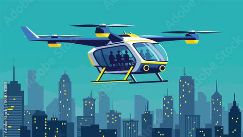 Flat vector illustration of futuristic drone taxi flying above buildings. Ideal for urban future mobility, smart air travel, and modern transport innovation themes