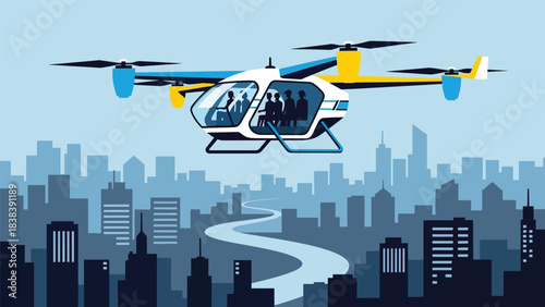 Flat vector illustration of futuristic drone taxi flying above buildings. Ideal for urban future mobility, smart air travel, and modern transport innovation themes