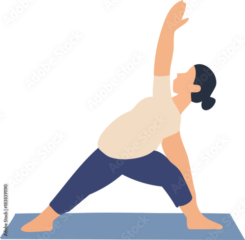 A pregnant woman practices a standing side-stretch yoga pose on a mat, extending one arm upward while leaning toward her front leg.