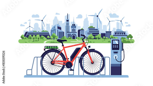 Flat modern illustration of an electric bicycle parked in a smart environment. Perfect for eco mobility, green urban commuting, and modern lifestyle content