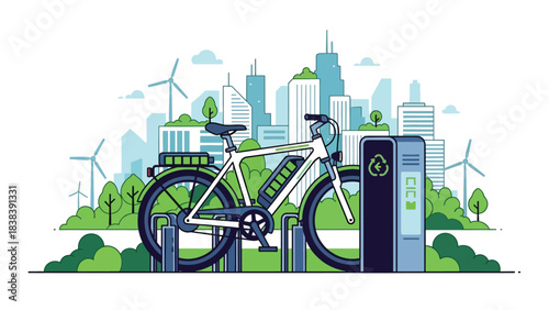 Flat modern illustration of an electric bicycle parked in a smart environment. Perfect for eco mobility, green urban commuting, and modern lifestyle content