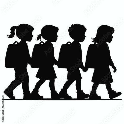 Silhouette of four children walking to school with backpacks