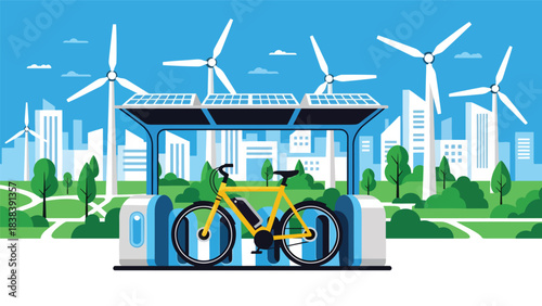 Flat modern illustration of an electric bicycle parked in a smart environment. Perfect for eco mobility, green urban commuting, and modern lifestyle content