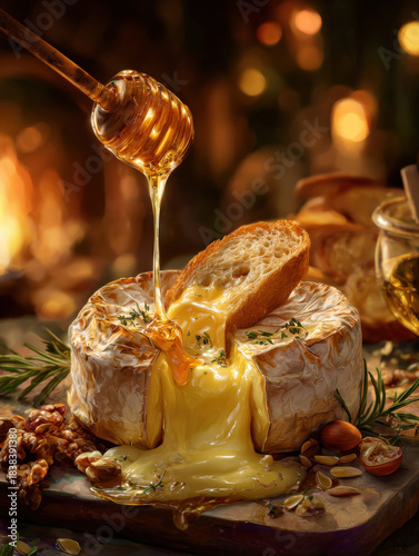 Luxurious Close-Up of Golden Honey Being Drizzled Onto Baked Melting Brie Cheese Wheel Garnished with Herbs Served with Fresh Baguette Slice and Walnuts