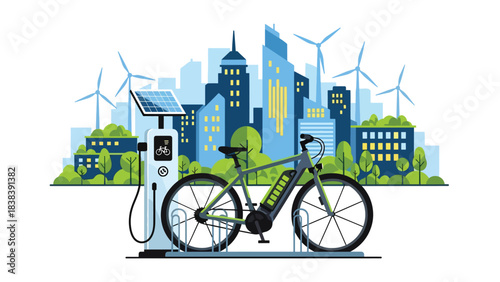 Flat modern illustration of an electric bicycle parked in a smart environment. Perfect for eco mobility, green urban commuting, and modern lifestyle content
