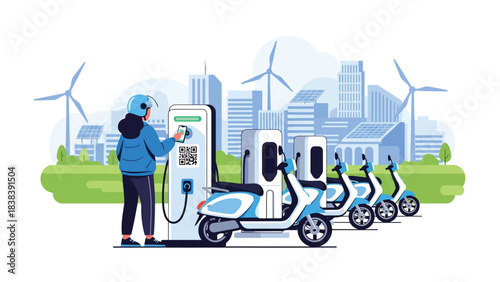 Flat illustration of a person unlocking an e-scooter using a mobile app. Great for shared mobility, modern city transportation, and digital commuting solutions