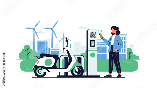 Flat illustration of a person unlocking an e-scooter using a mobile app. Great for shared mobility, modern city transportation, and digital commuting solutions