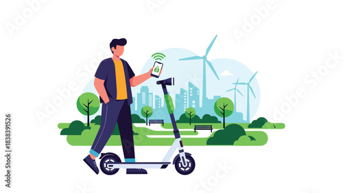 Flat illustration of a person unlocking an e-scooter using a mobile app. Great for shared mobility, modern city transportation, and digital commuting solutions