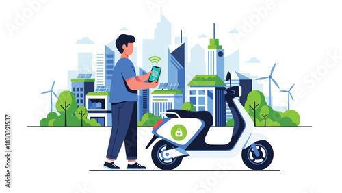 Flat illustration of a person unlocking an e-scooter using a mobile app. Great for shared mobility, modern city transportation, and digital commuting solutions