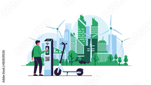 Flat illustration of a person unlocking an e-scooter using a mobile app. Great for shared mobility, modern city transportation, and digital commuting solutions
