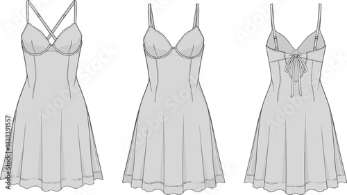 Elegant women's lingerie slip dress technical fashion illustration showing front and back design details with straps, seams, and flared hemline.