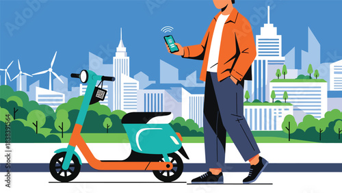 Flat illustration of a person unlocking an e-scooter using a mobile app. Great for shared mobility, modern city transportation, and digital commuting solutions