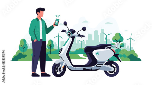 Flat illustration of a person unlocking an e-scooter using a mobile app. Great for shared mobility, modern city transportation, and digital commuting solutions