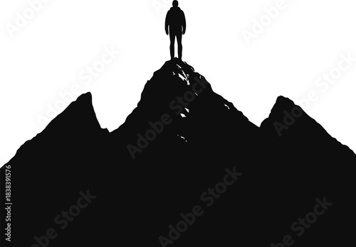 A solitary figure stands triumphantly atop a rugged mountain peak, symbolizing ambition, achievement, and the victorious culmination of a challenging journey