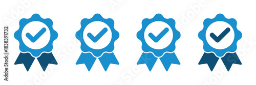 Award Ribbon Checkmark Icons Vector Illustration Featuring Premium Quality Certification Badges With Verification Symbols For Achievement Recognition And Professional Graphic Design