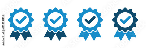 Award Ribbon Checkmark Icons Vector Illustration Featuring Premium Quality Certification Badges With Verification Symbols For Achievement Recognition And Professional Graphic Design