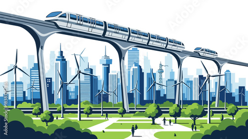 Flat design of a futuristic monorail running above modern buildings and green city elements. Great for advanced public transport and smart mobility concepts