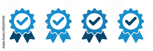 Award Ribbon Checkmark Icons Vector Illustration Featuring Premium Quality Certification Badges With Verification Symbols For Achievement Recognition And Professional Graphic Design