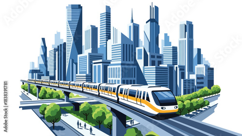Flat design of a futuristic monorail running above modern buildings and green city elements. Great for advanced public transport and smart mobility concepts