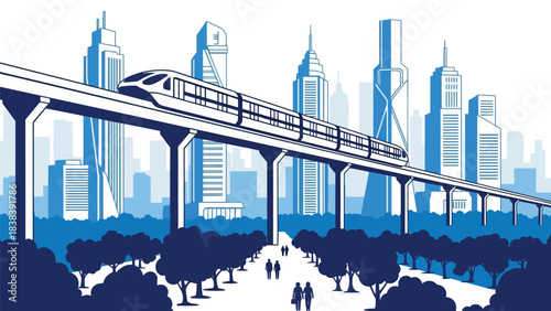 Flat design of a futuristic monorail running above modern buildings and green city elements. Great for advanced public transport and smart mobility concepts