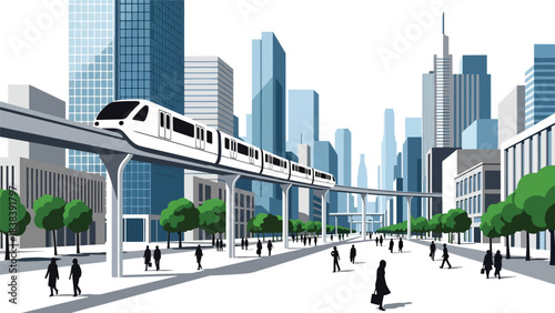 Flat design of a futuristic monorail running above modern buildings and green city elements. Great for advanced public transport and smart mobility concepts