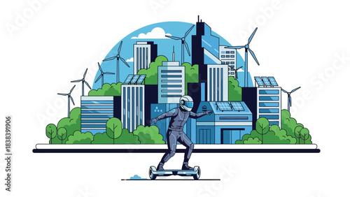 Flat illustration of a person riding a hoverboard in a futuristic environment. Perfect for modern lifestyle, personal mobility device trends, and future transportation themes