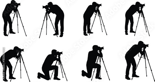 Photographer icon set, black silhouette figures using tripod-mounted camera in various shooting poses, cad drawing flat vector illustration