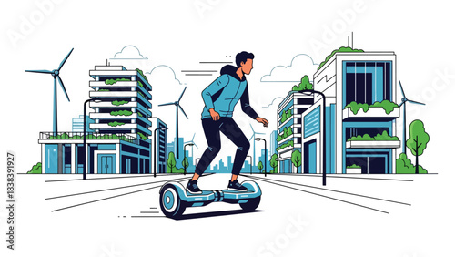Flat illustration of a person riding a hoverboard in a futuristic environment. Perfect for modern lifestyle, personal mobility device trends, and future transportation themes