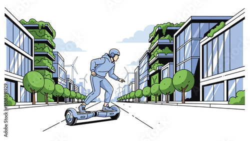 Flat illustration of a person riding a hoverboard in a futuristic environment. Perfect for modern lifestyle, personal mobility device trends, and future transportation themes