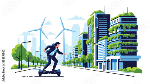 Flat illustration of a person riding a hoverboard in a futuristic environment. Perfect for modern lifestyle, personal mobility device trends, and future transportation themes