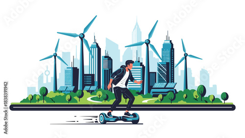 Flat illustration of a person riding a hoverboard in a futuristic environment. Perfect for modern lifestyle, personal mobility device trends, and future transportation themes