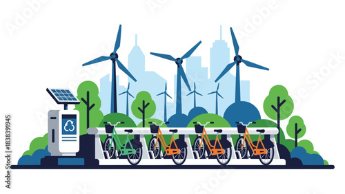 Flat illustration of a modern public bike-sharing station with multiple bikes and digital screen. Perfect for eco commuting, community transport, and smart mobility services