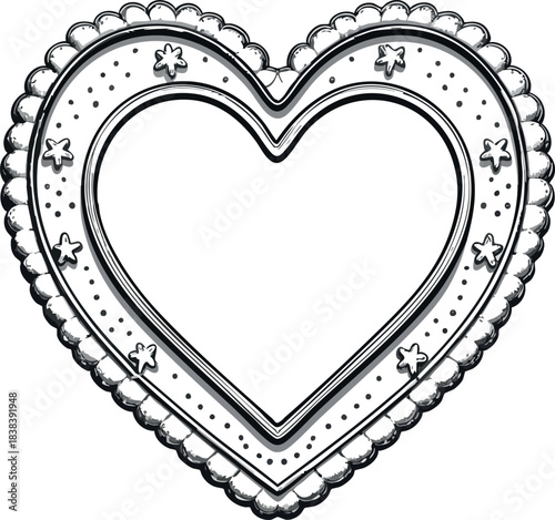 A cute heart-shaped cookie frame illustration decorated with sprinkles, star-shaped icing, and a scalloped frosting border in a playful black-and-white style.