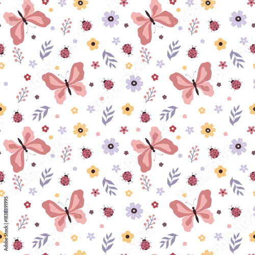 Print with butterfly, ladybug, flowers and leaves seamless pattern