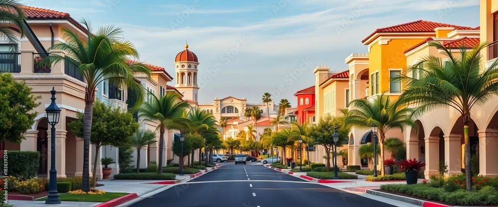 Fototapeta premium Charming Costa Mesa streetscape, showcasing architectural diversity and lush landscaping, neighborhood, sunny