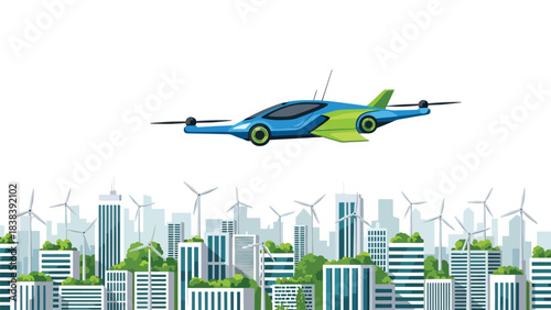 Flat illustration of futuristic flying cars navigating a digital sky highway with directional icons. Ideal for future technology, advanced transport, and flying vehicle concepts
