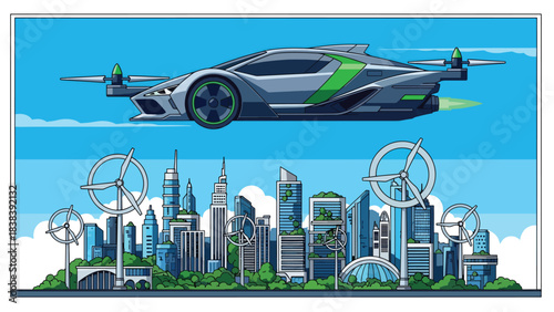 Flat illustration of futuristic flying cars navigating a digital sky highway with directional icons. Ideal for future technology, advanced transport, and flying vehicle concepts