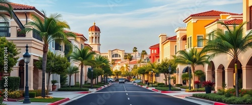Charming Costa Mesa streetscape, showcasing architectural diversity and lush landscaping,  neighborhood,  sunny