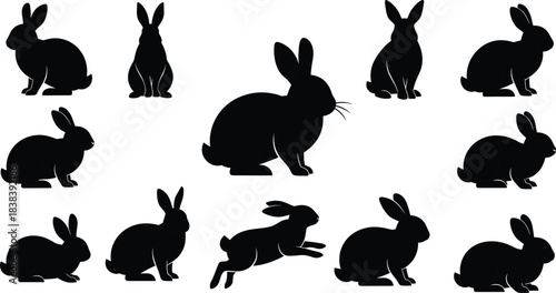 Rabbit icon set, black silhouette animals in various poses including sitting, crouching, leaping, cad drawing flat vector illustration