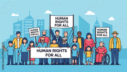 Vector art of a diverse community peacefully marching for equality, holding signs supporting universal human rights, promoting social justice and inclusion in an urban public setting