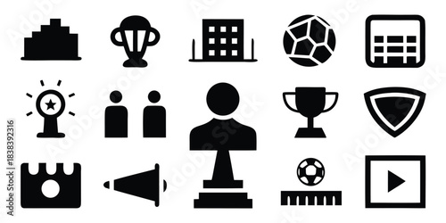 Set of solid black silhouette icons for soccer tournament, glyph style vector symbols including trophy, ball, stadium and player isolated on white background.