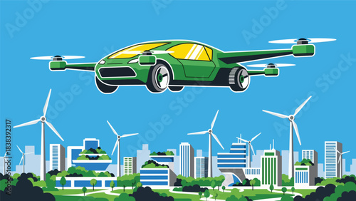 Flat illustration of futuristic flying cars navigating a digital sky highway with directional icons. Ideal for future technology, advanced transport, and flying vehicle concepts