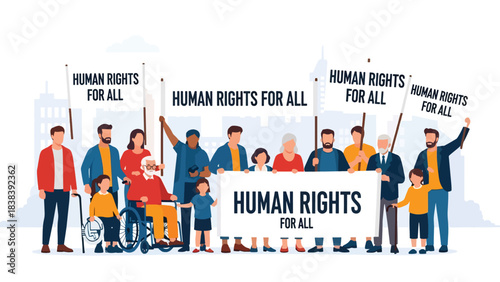 Vector art of a diverse community peacefully marching for equality, holding signs supporting universal human rights, promoting social justice and inclusion in an urban public setting