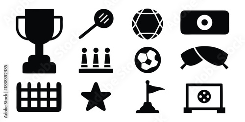 Set of solid black silhouette icons for soccer tournament, glyph style vector symbols including trophy, ball, stadium and player isolated on white background.