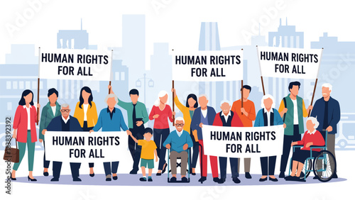 Vector art of a diverse community peacefully marching for equality, holding signs supporting universal human rights, promoting social justice and inclusion in an urban public setting